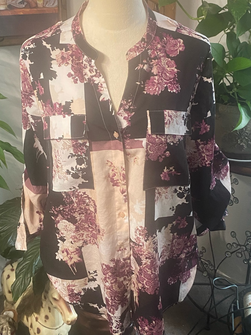 Calvin Klein Black & Dusty Rose Floral Patchwork Button-Front Blouse